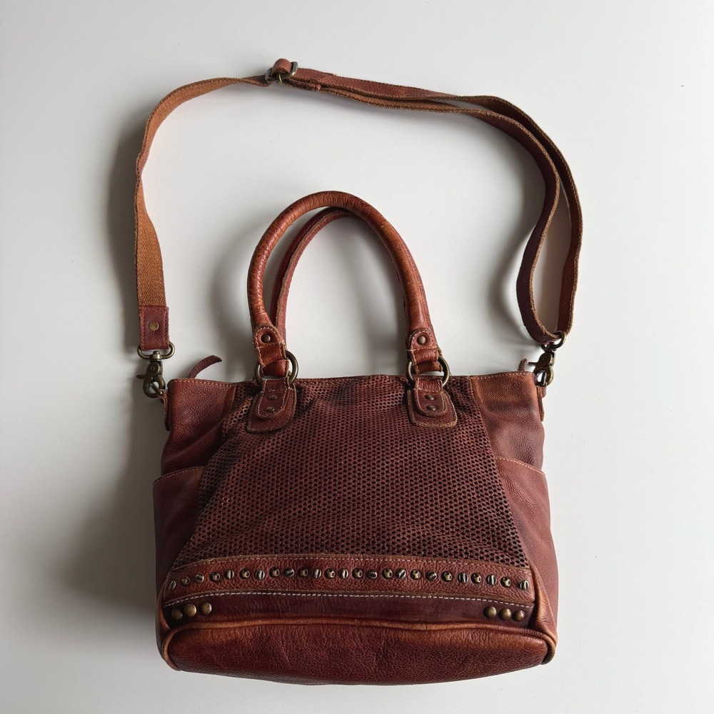 Amsterdam Heritage Top Handle and Zip Perforated Studded Crossbody Leather‎ Bag